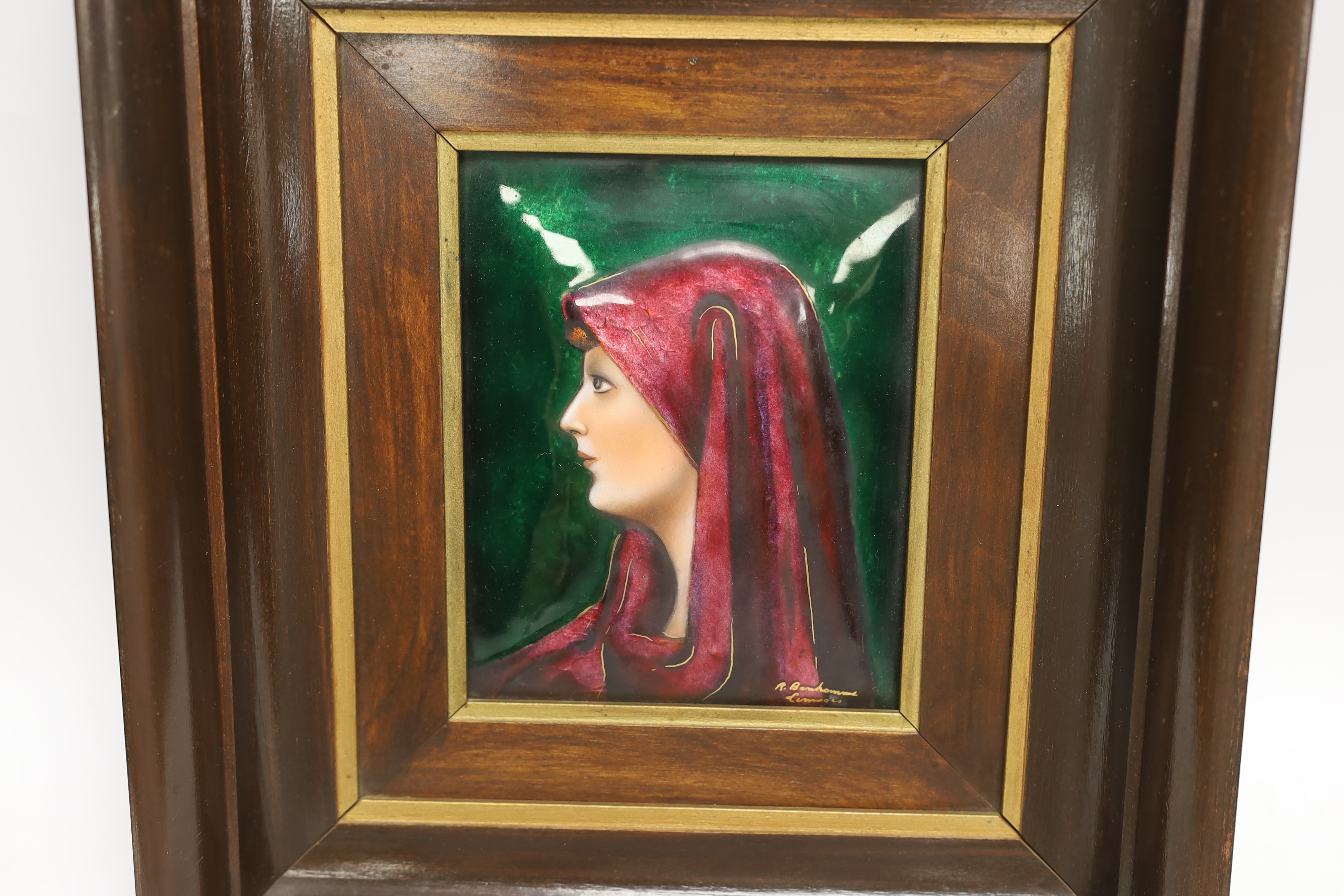 A Limoges enamel on copper portrait plaque of Saint Fabiola, signed Bon Homme, 30 x 27.5cm